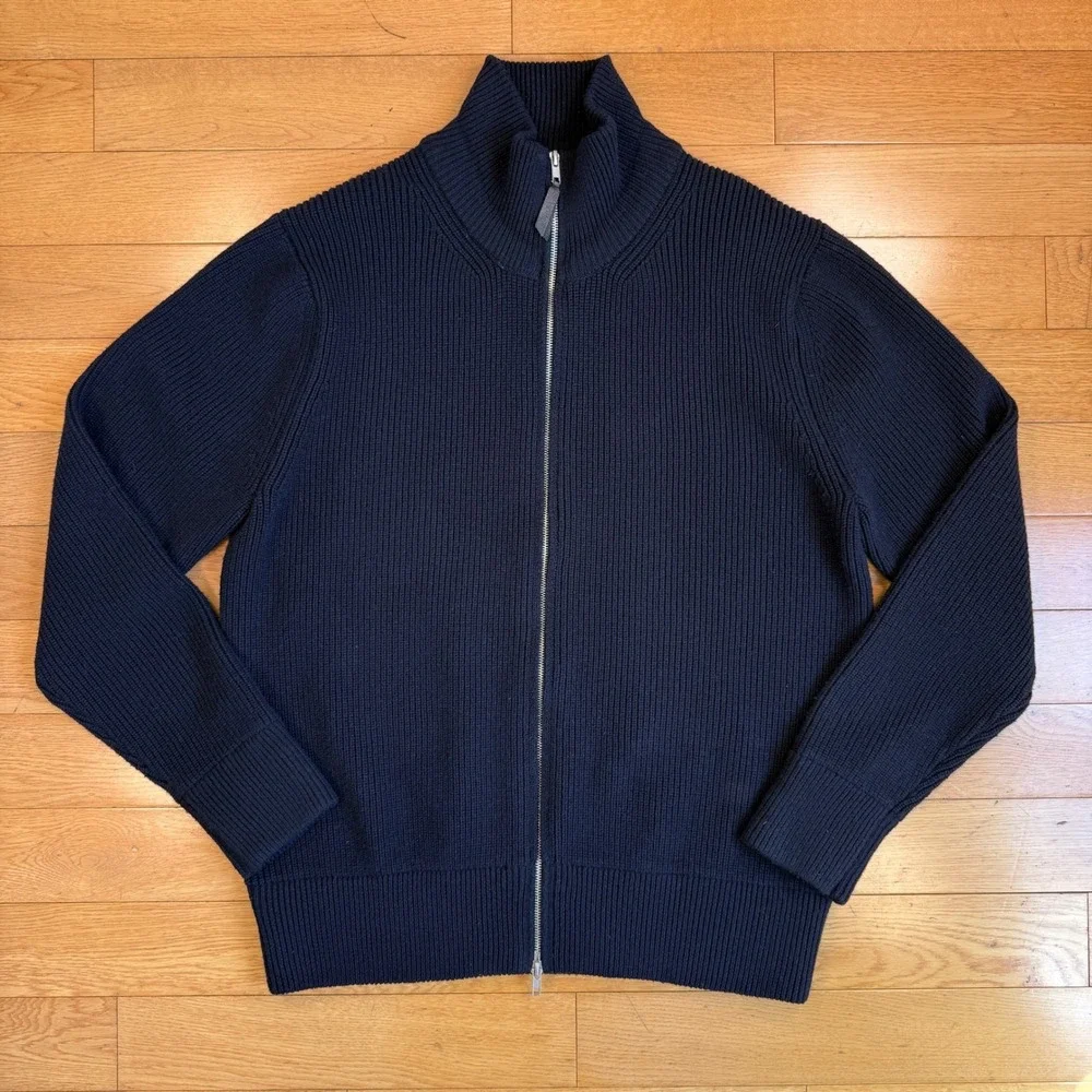 Maison Margiela 14 Mens Navy Blue Ribbed Zip-Up Cardigan Sweater ($1,576)‎